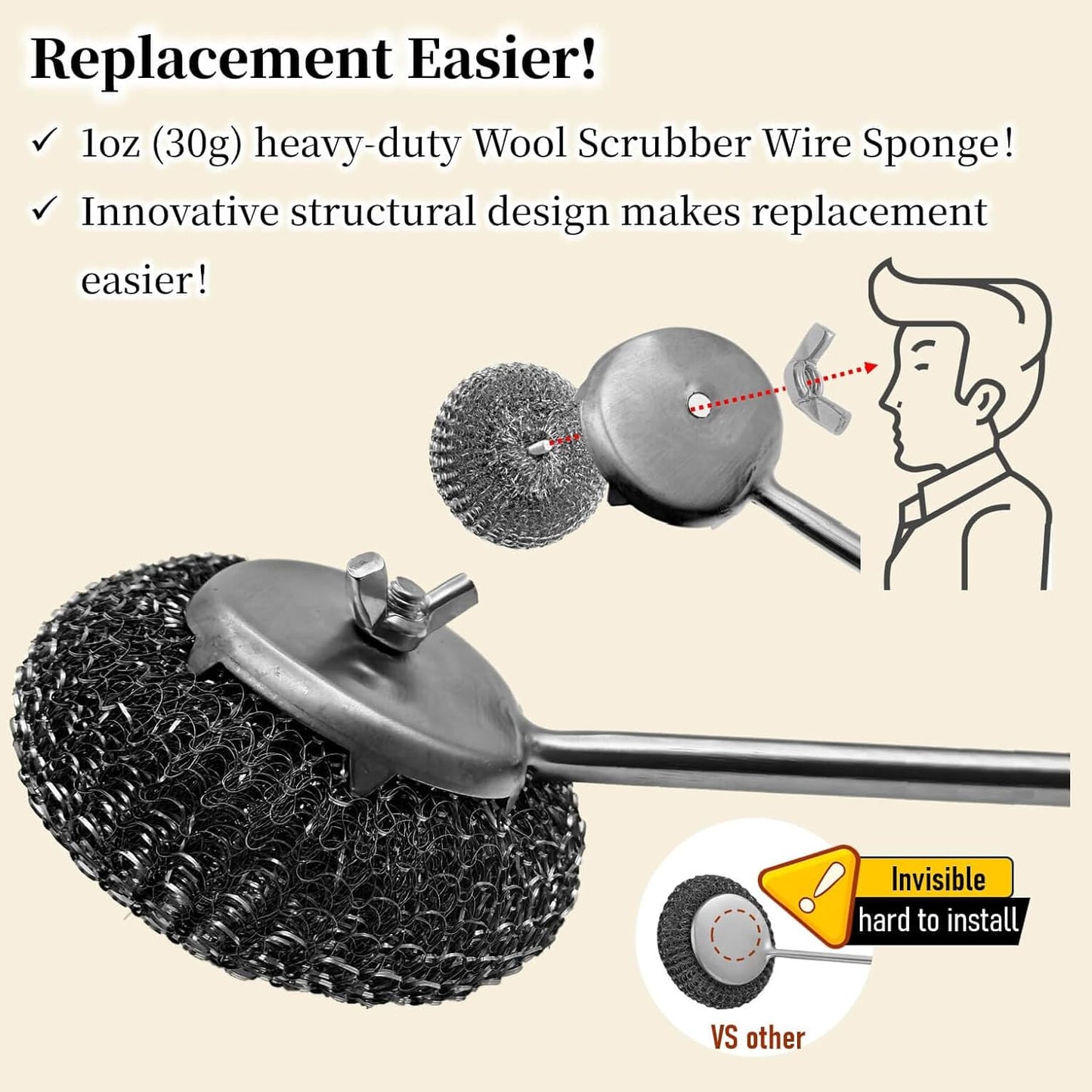 Grill Brush with Replaceable Head for Barbecue – Safe Bristle Free Stainless Steel BBQ Cleaner with Heavy Duty Scrubber Pad, Grill Accessories Steel Wool Scrubbers for Porcelain Gas Charcoal Grill