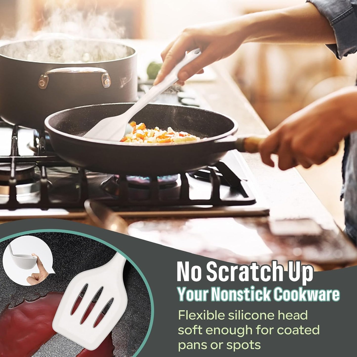 E-far Silicone Cooking Utensils Set, 7-Piece White Heat Resistant Kitchen Utensils Set, Kitchen Nonstick Tools Spatula Ladle Spoon Pasta Server for Non-stick Cookware, Non-Toxic & Dishwasher safe