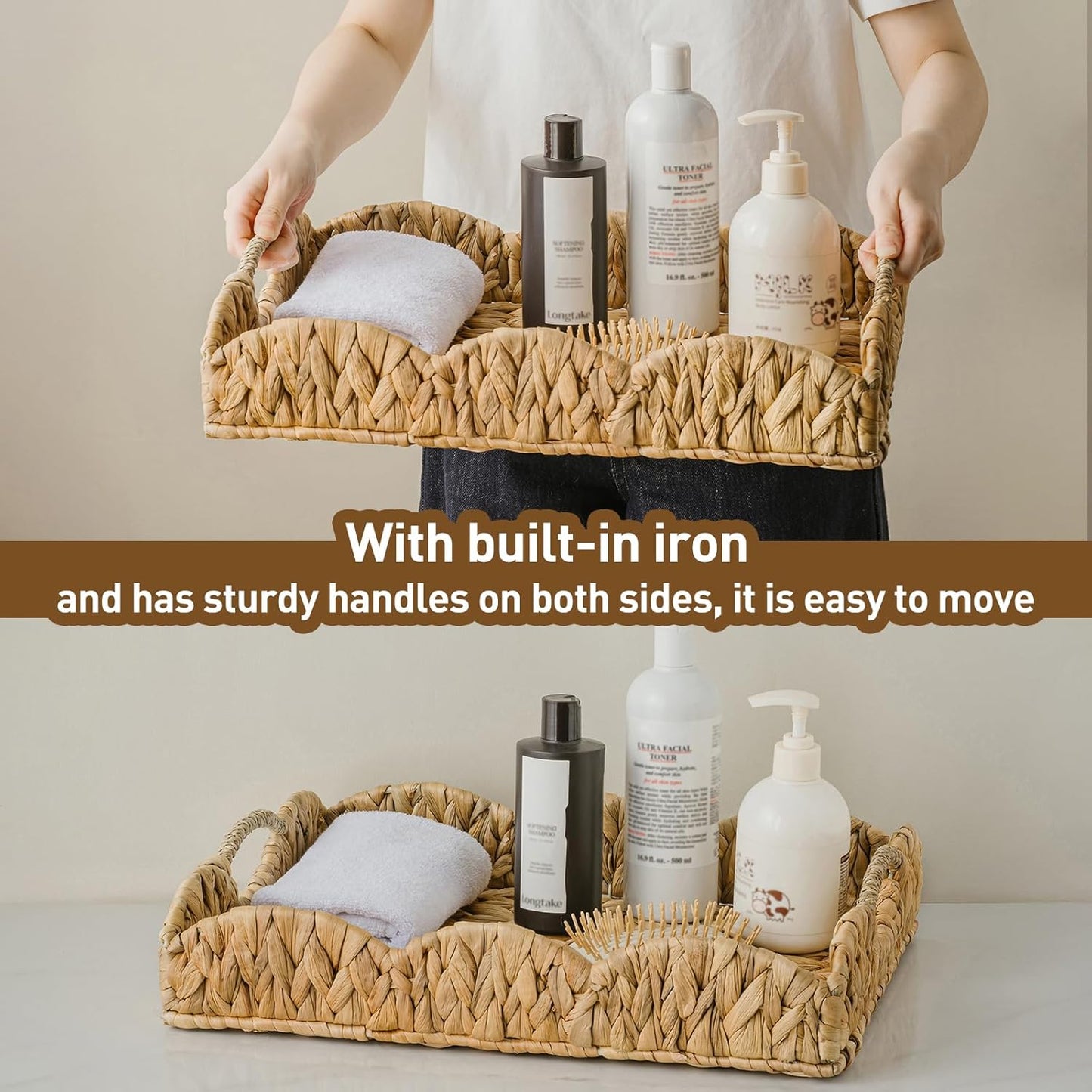 Water Hyacinth Serving Tray, Handwoven Woven Tray with Handles and Scalloped Edge, Rectangle Wicker Basket for Home Decor and Organizing, 16.9" L x 12.9" W x 1.96" H