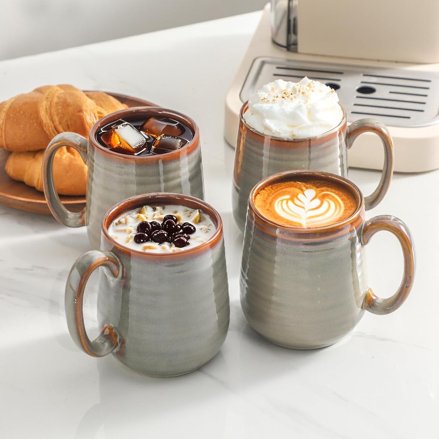 MEKY Coffee Mugs, 15oz Ceramic Coffee Cups with Comfortable Handle for Latte, Milk, Cappuccino, Cocoa, Tea Cups for Office and Home, Dishwasher and Microwave Safe, Set for 4, Brown