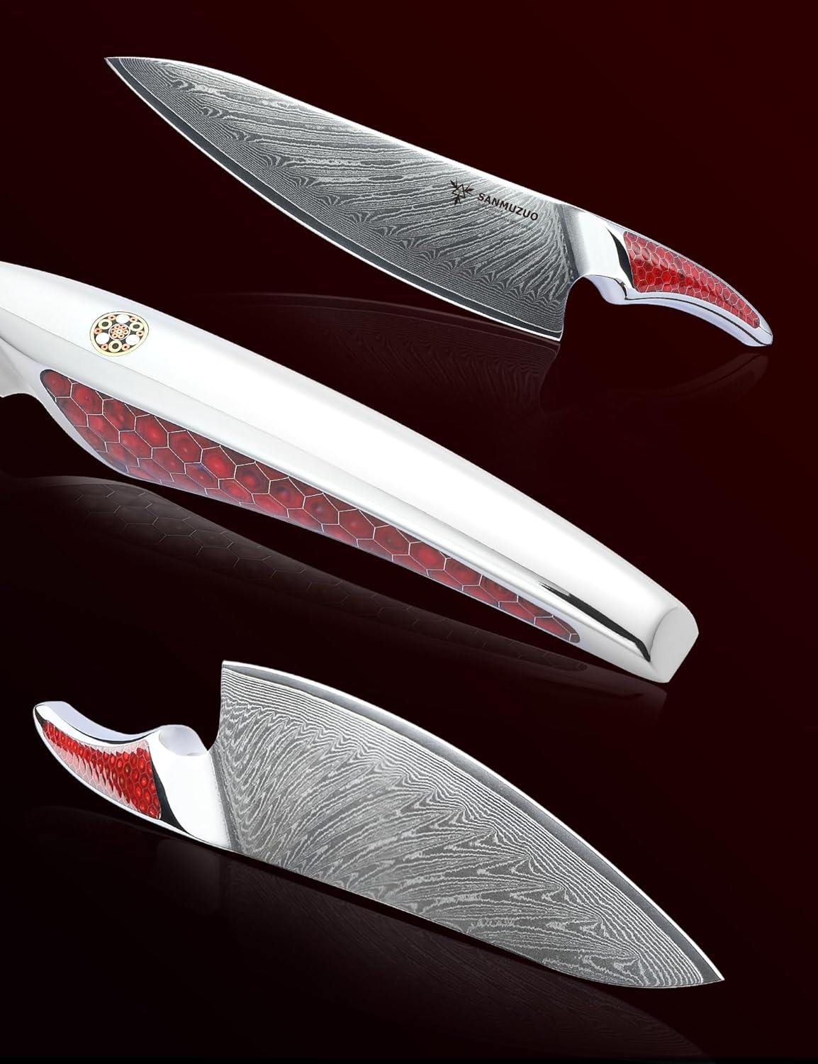 8 inch Chef Knife, Japanese VG-10 Damascus Steel Kitchen Knife, Ultra Sharp Cooking Knife with Full-tang Handle in Red Resin, LA-S9 Series