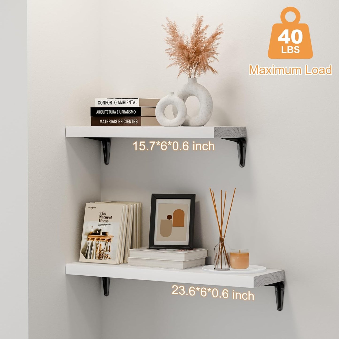 SKYSEN Floating Shelves for Wall Set of 6, 15.7in Wood Wall Shelf for Decor, Bathroom, Bedroom, Storage, Book,Kitchen, Living Room - White(fs-40-w)