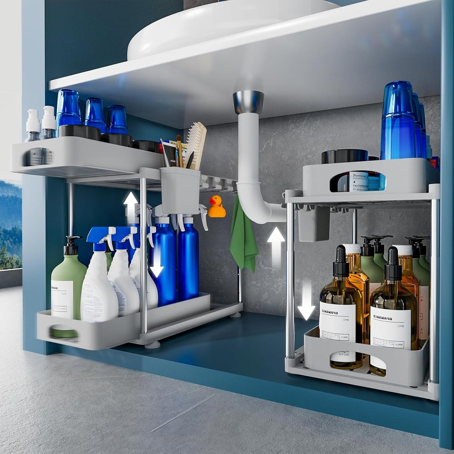 2 Pack Adjustable Gray Under Sink Organizers, 2 Tier Pull Out Storage, Kitchen Bathroom Office Laundry Room Living Room