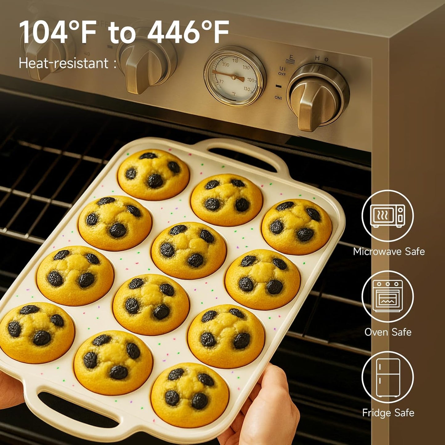 Silicone Muffin Pan for Baking with Metal Frame, Nonstick, 12 Cups Silicone Cupcake Pan, Muffin Tray, Muffin Molds for Baking Muffins, Cupcakes, Egg Bites (Cream, 1Pcs)