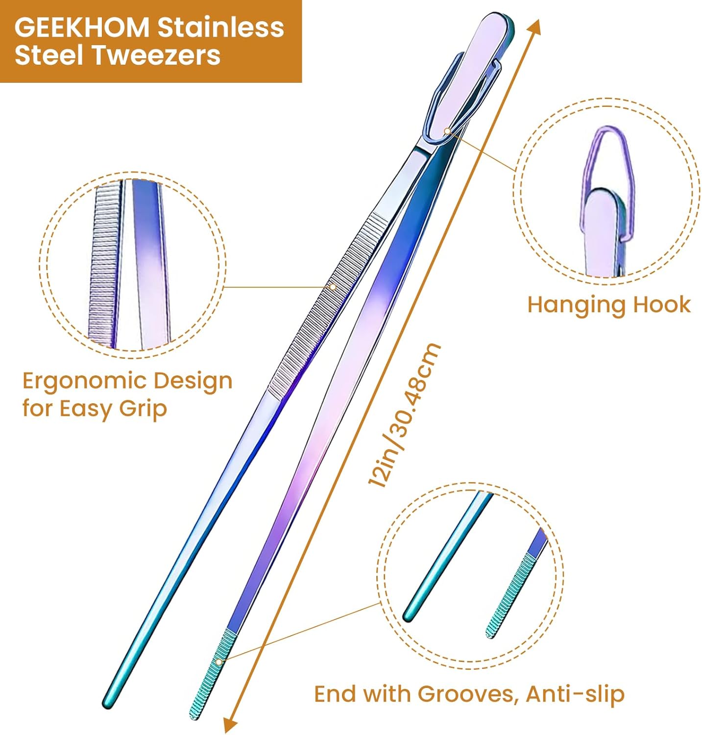 GEEKHOM Tweezer Tongs for Cooking, [4 Pack]12-inch Fine Long Food Tongs, Stainless Steel Kitchen Tweezers, Professional Chef Tongs for BBQ, Baking, Roasting, Dessert Decoration, Steak, Salad, Colorful