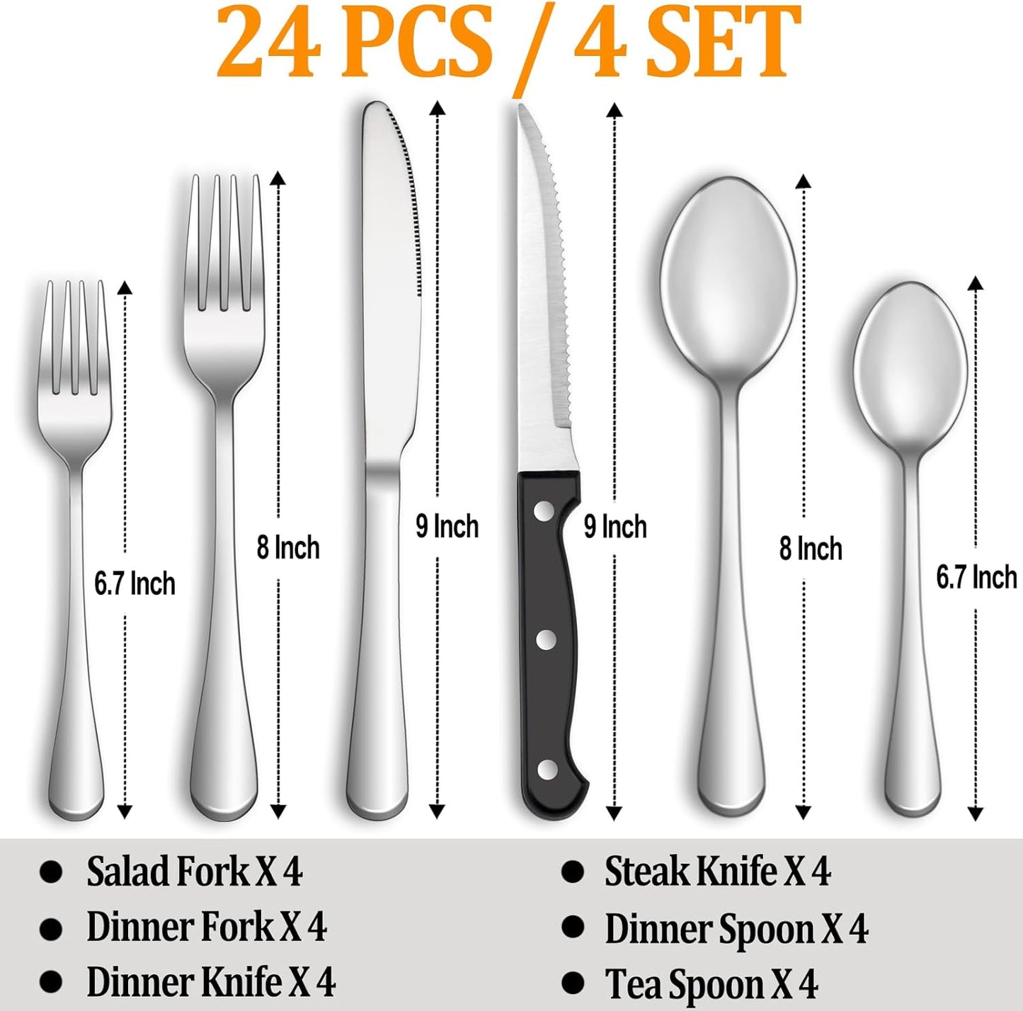 24 Pcs Silverware Set with Steak Knives Service for 4,Stainless Steel Flatware Set,Mirror Polished Cutlery Utensil Sets,Home Kitchen Eating Tableware Sets,Include Fork Knife Spoon,Dishwasher Safe