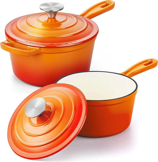 Enameled Cast Iron Sauce Pan, Leonyo 1 Qt & 2 Qt Saucepan Set, Cast Iron Dutch Oven Kitchen Small Pots for All Cooktops Cooking Pasta, Milk, Oatmeal - Up to 500°F & Nonstick, Orange