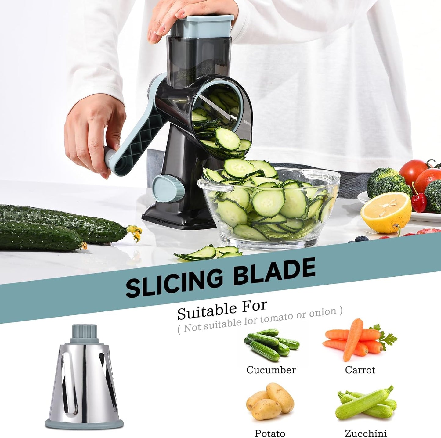 Rotary Cheese Grater with Handle Kitchen Shredder Slicer Grater Slicer Ice Shaver Cheese Vegetable Nuts Potato Zucchini Chocolate 3 Interchangeable Blades (GreyBlue)