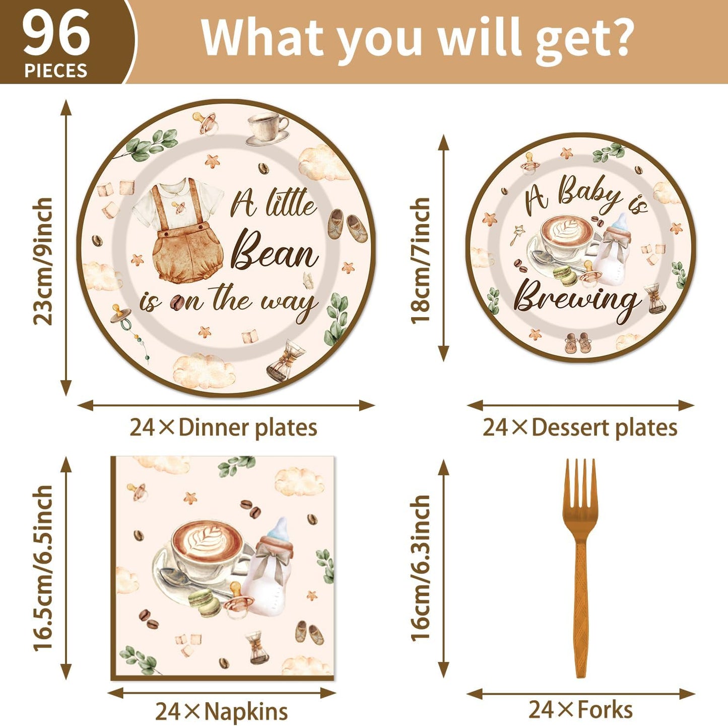 96Pcs Coffee Theme Baby Shower Tableware Set - A Baby Is Brewing Paper Plates Napkins Forks A litte Bean Is On The Way Gender Reveal Party Supplies Serve 24 Guests