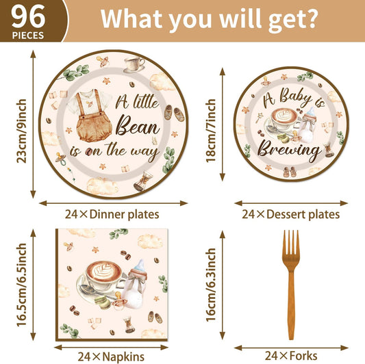 96Pcs Coffee Theme Baby Shower Tableware Set - A Baby Is Brewing Paper Plates Napkins Forks A litte Bean Is On The Way Gender Reveal Party Supplies Serve 24 Guests