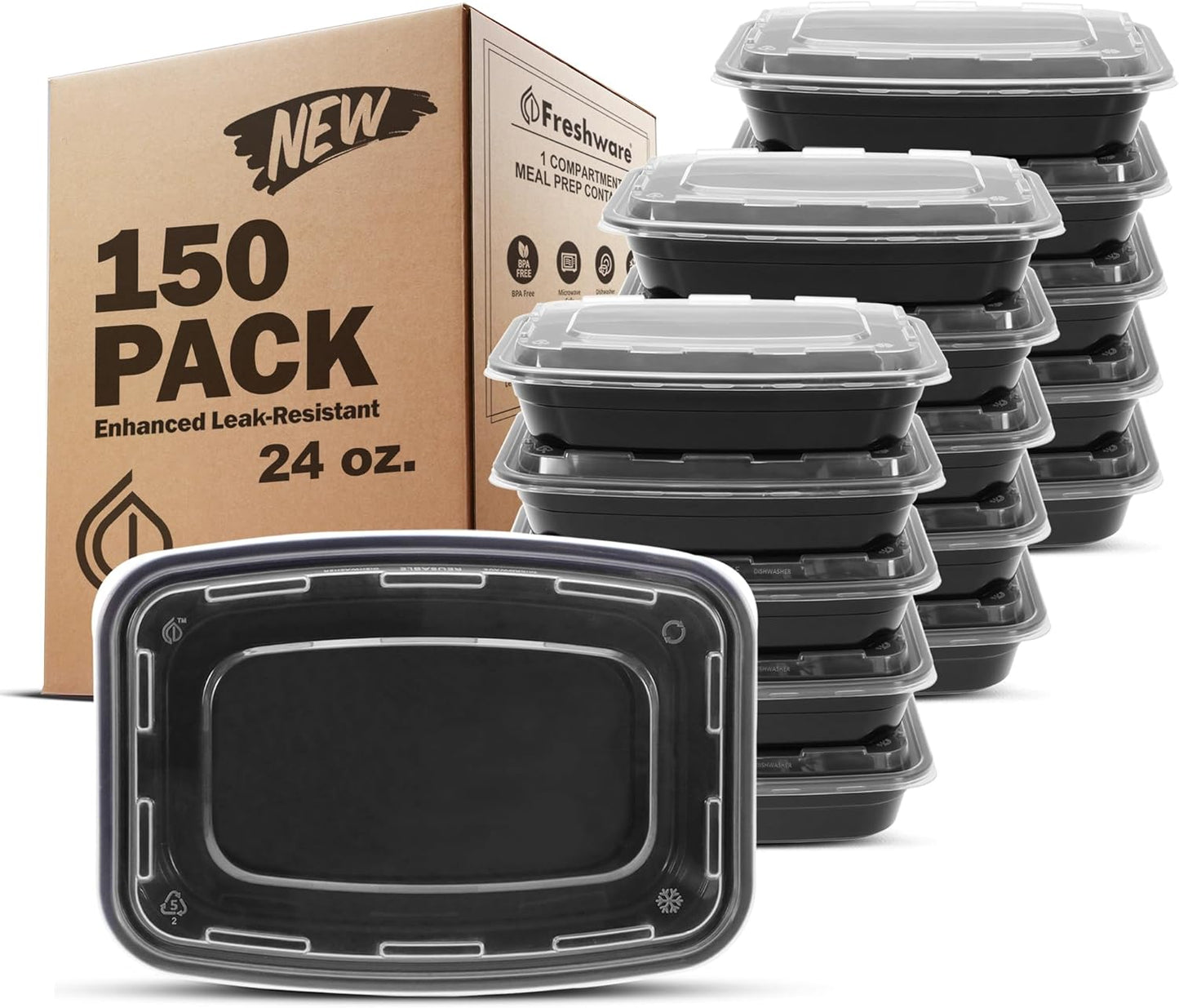 Freshware Meal Prep Containers [150 Pack] 1 Compartment with Lids, Food Storage Containers, Bento Box, BPA Free, Stackable, Microwave/Dishwasher/Freezer Safe (24 oz)