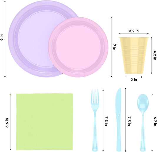 Party Solids 350 Pieces Easter Plates For Party, Easter Disposable Plates Set, 50 Of Each 9" Dinner Plate Set, 7" Dessert Plate, Cups, Napkins & Cutlery Plastic Dinnerware