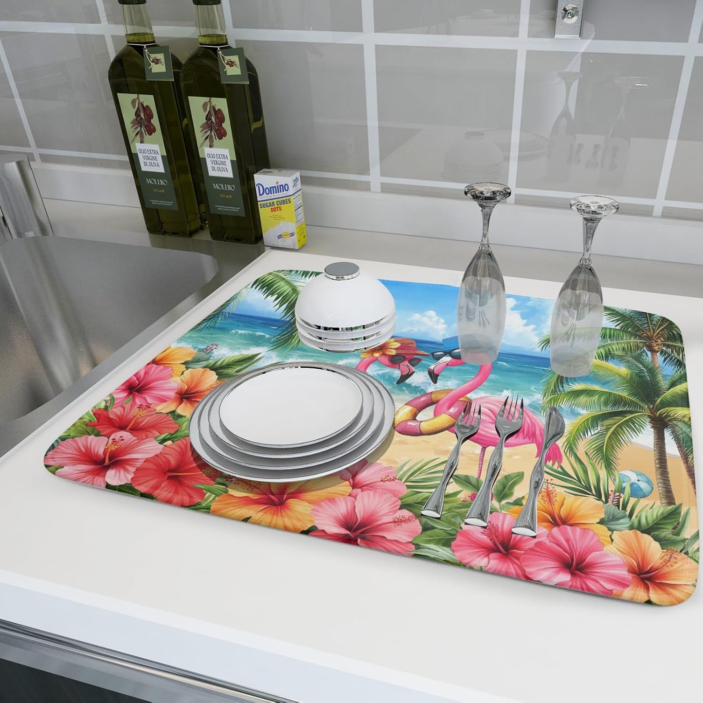 Summer Flamingos Dish Drying Mat 18x24 inch Tropical Beach Microfiber Washable Dish Rack Mats Drainer Pad for Counter Kitchen Table Decor