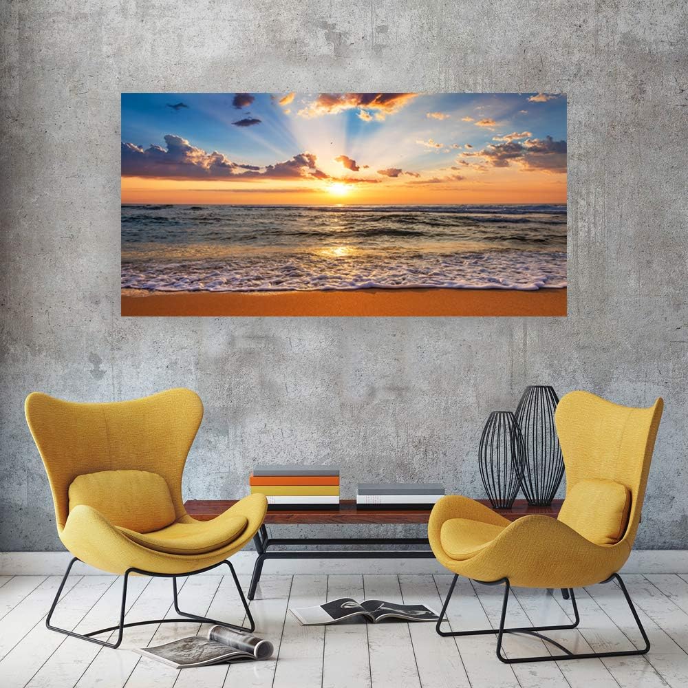 Muolunna BK1862 Wall Art Decor Large Canvas Print Picture Sunrise Ocean Beach 1 Panel Waves Scenery Painting Artwork for Office Wall Decor Home Decoration Stretched and Framed Ready to Hang XLarge