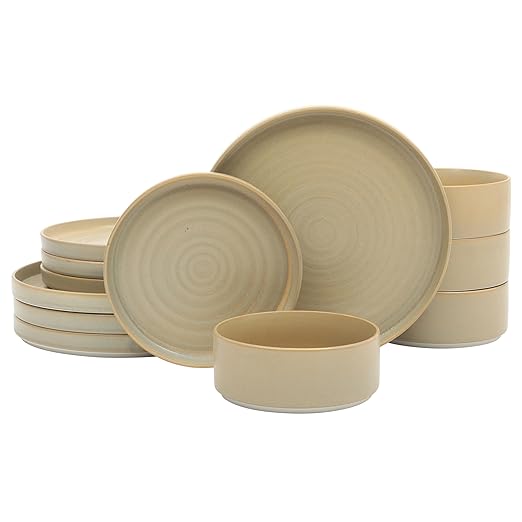 Gibson Elite Echo Bay 12 Piece Porcelain Reactive Glaze (Service for 4) Ceramic Plates and Bowls Modern Stackable Dinnerware Set - Green