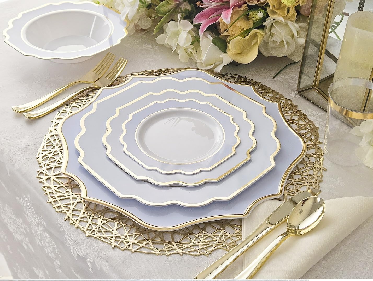 " OCCASIONS " 120 Plates Pack,(60 Guests) Heavyweight Wedding Party Disposable Plastic Plates Set -60 x 10.5'' Dinner + 60 x 8'' Salad/Dessert Plate (Imperial in White/Blue & Gold)