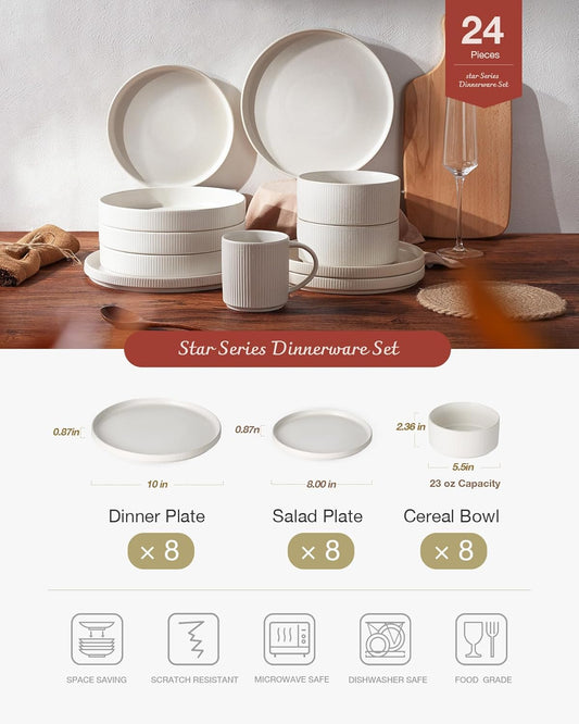 Famiware Star Plates and Bowls Sets, Modern Stoneware Dinnerware Sets for 8, 24-Piece Kitchen Dish Set - Microwave and Dishwasher Safe, Chip and Scratch Resistant, Matte White