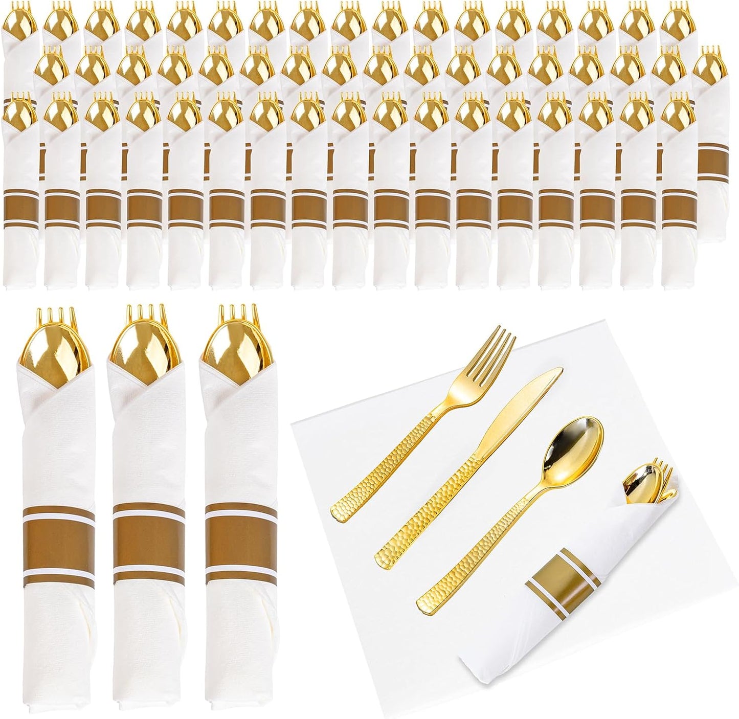 WELLIFE 400PCS Gold Plastic Silverware, Pre Rolled Silverware Set Disposable,Plastic Cutlery Includes: 100 Forks, 100 Knives, 100 Spoons, 100 Napkins, Cutlery Set Disposable for Thanksgiving