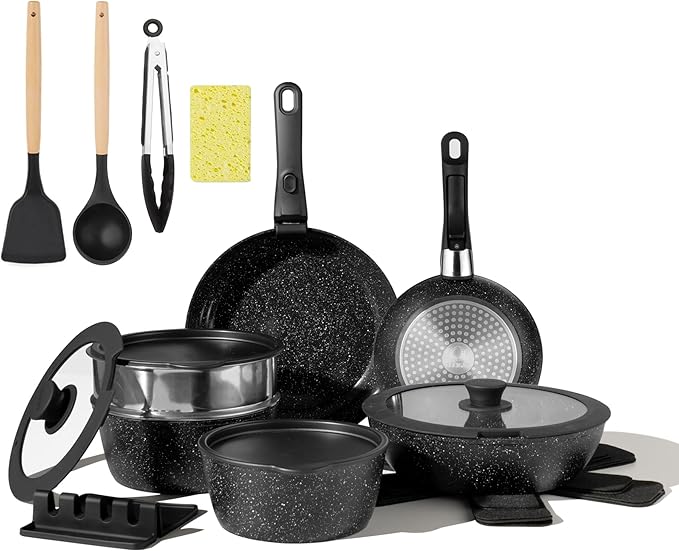 Nonstick Ceramic Cookware Set 21PCS with Detachable Handle, Pans and Pots Set, RV Kitchen Set Cookware Set, Pan Pots with Removable Handles, Oven Safe, Induction Ready(Black)