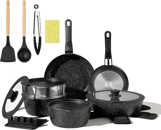 Nonstick Ceramic Cookware Set 21PCS with Detachable Handle, Pans and Pots Set, RV Kitchen Set Cookware Set, Pan Pots with Removable Handles, Oven Safe, Induction Ready(Black)