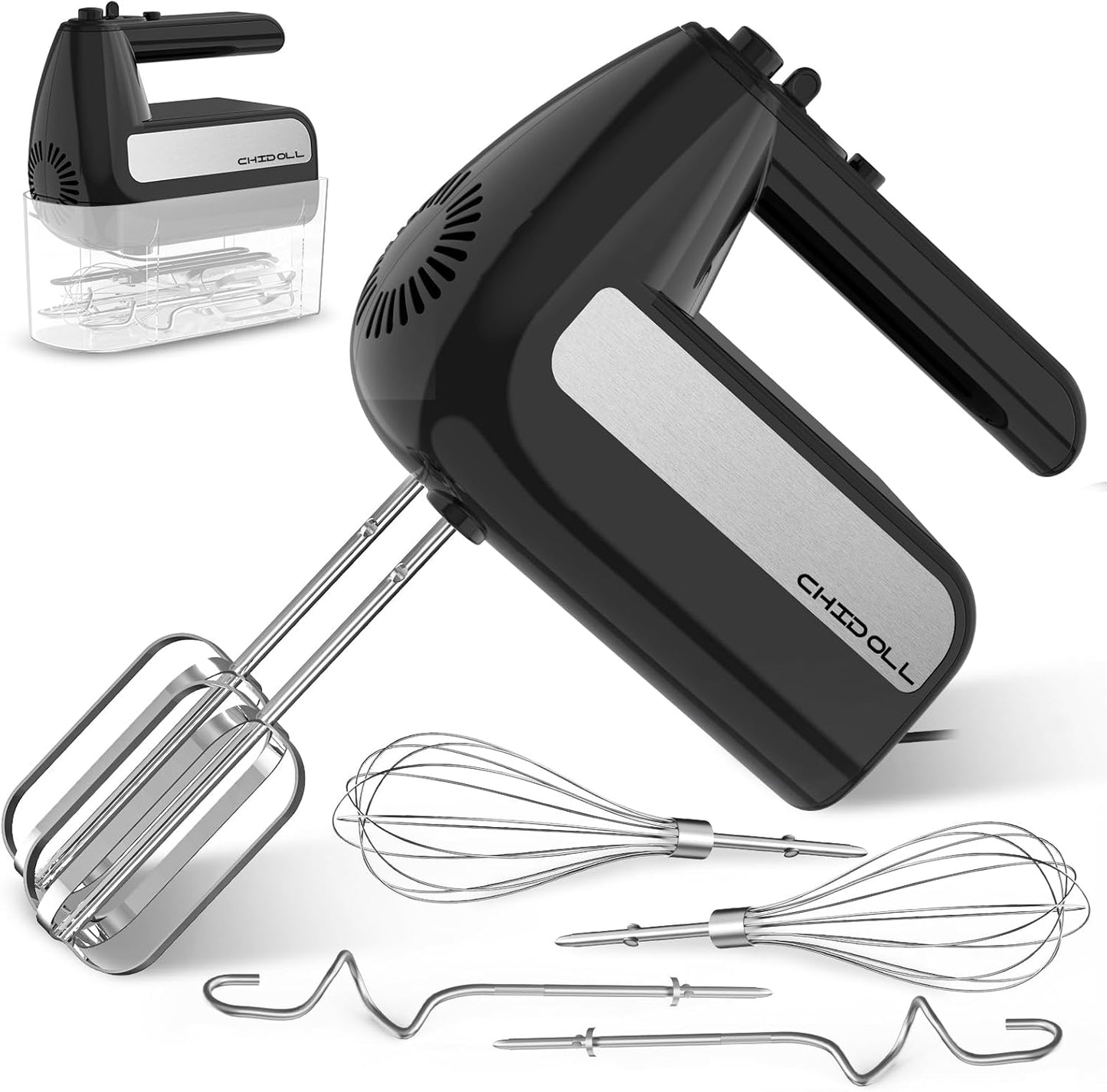 5-Speed Electric Hand Mixer, 800W Handheld Mixer with Turbo for Baking & Cooking, Kitchen Food Mixer with Storage Case & 6 Stainless Steel Attachments (2 Beaters, 2 Dough Hooks, 2 Whisks)-Black