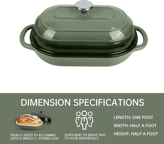 Premium Enameled Cast Iron Dutch Oven for Bread Baking | Non-Stick 2QT Oval Bread Oven with Lid | Perfect for Sourdough, Loaf, and Artisan Baking (Oval Green, 5 QT)