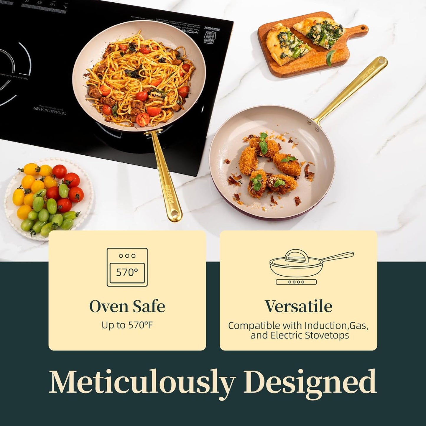 ROYDX Titanium Ceramic Nonstick Fry Pan Set 8", 10" and 12" Frying Pan Skillet Set with Glass Lids-Non Toxic, PTFE & PFOA Free - Oven Dishwasher Safe & Compatible with All Stovetops-Dark Purple