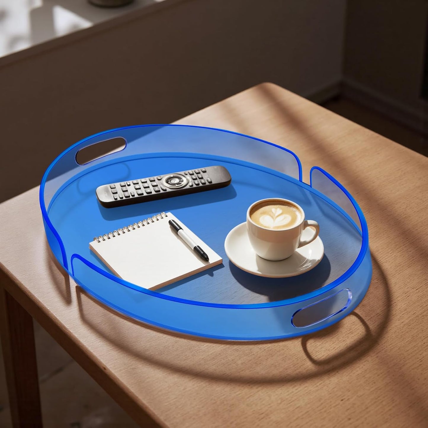 Acrylic Serving Tray with Handles Large Decorative Ottoman Tray 17x13'' Round for Bathroom Food Coffee Fruit Snack Tea Dinner Living Room, Blue