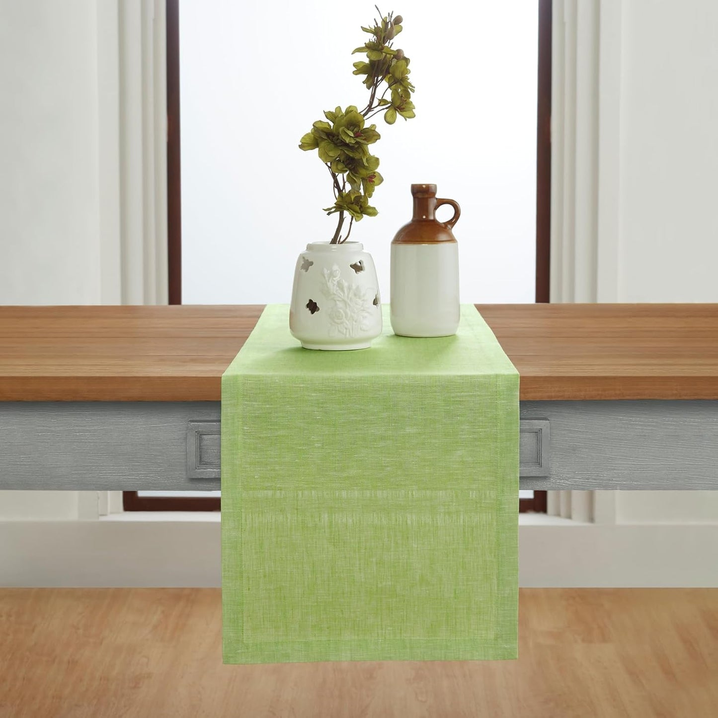 Solino Home Linen Table Runner 108 Inches Long - Athena, 100% Pure Linen Chambray Lime Green Dining Table Runner 14 x 108 Inch