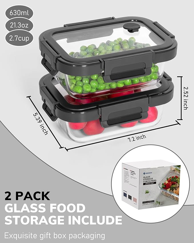 2-Pack Glass Food Storage Containers with Tempered Lids (630ml/2.7cup) - Airtight Snap Lock, Microwave & Oven Safe (-4℉~ 950°F), Freezer to Baking Dish, BPA-Free, Gift Box (Gray)