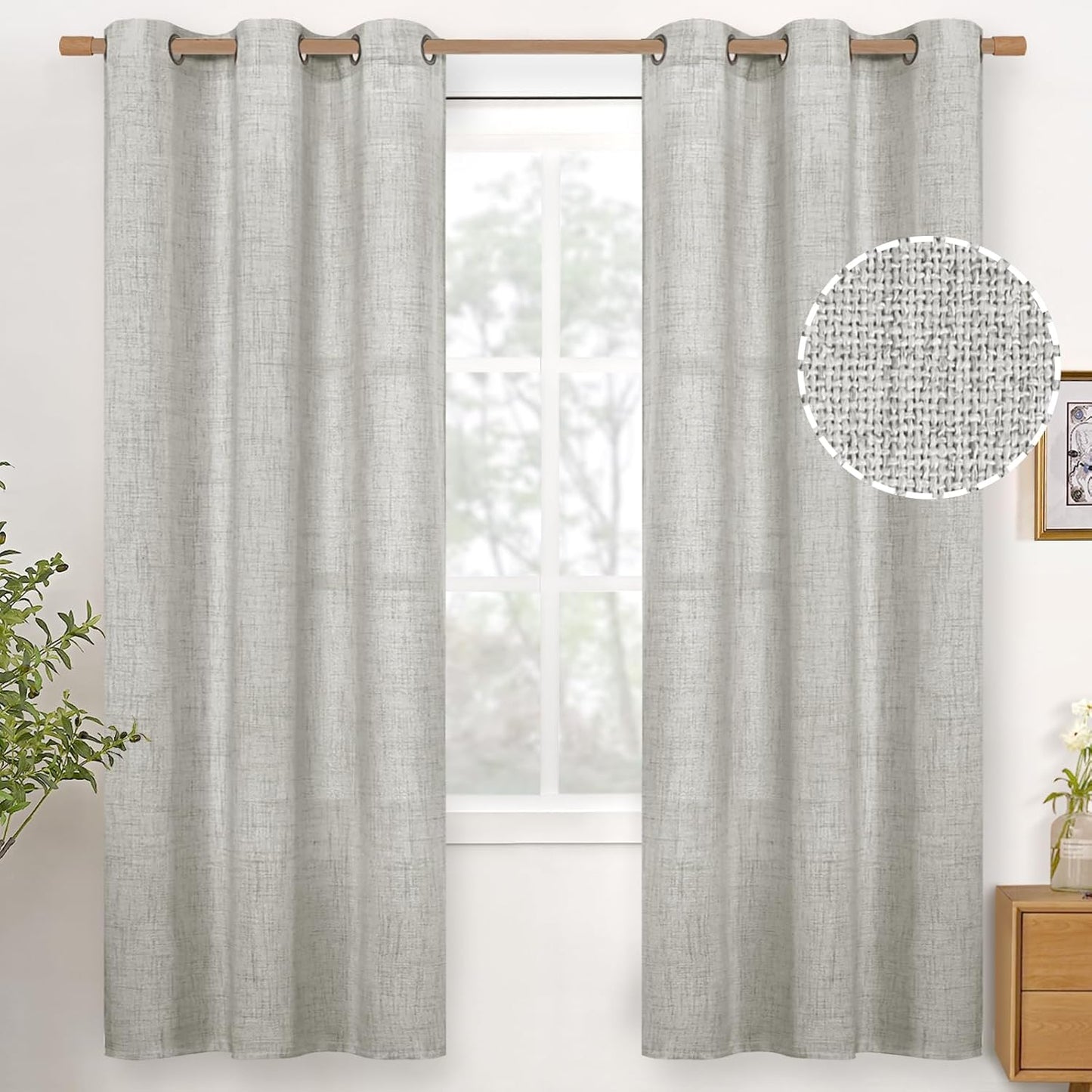 YoungsTex Linen Curtains 72 Inch Length Light Grey Textured Window Drapes with Bronze Grommet Light Filtering for Bedroom Living Room Office, 2 Panels, 42 X 72 Inch