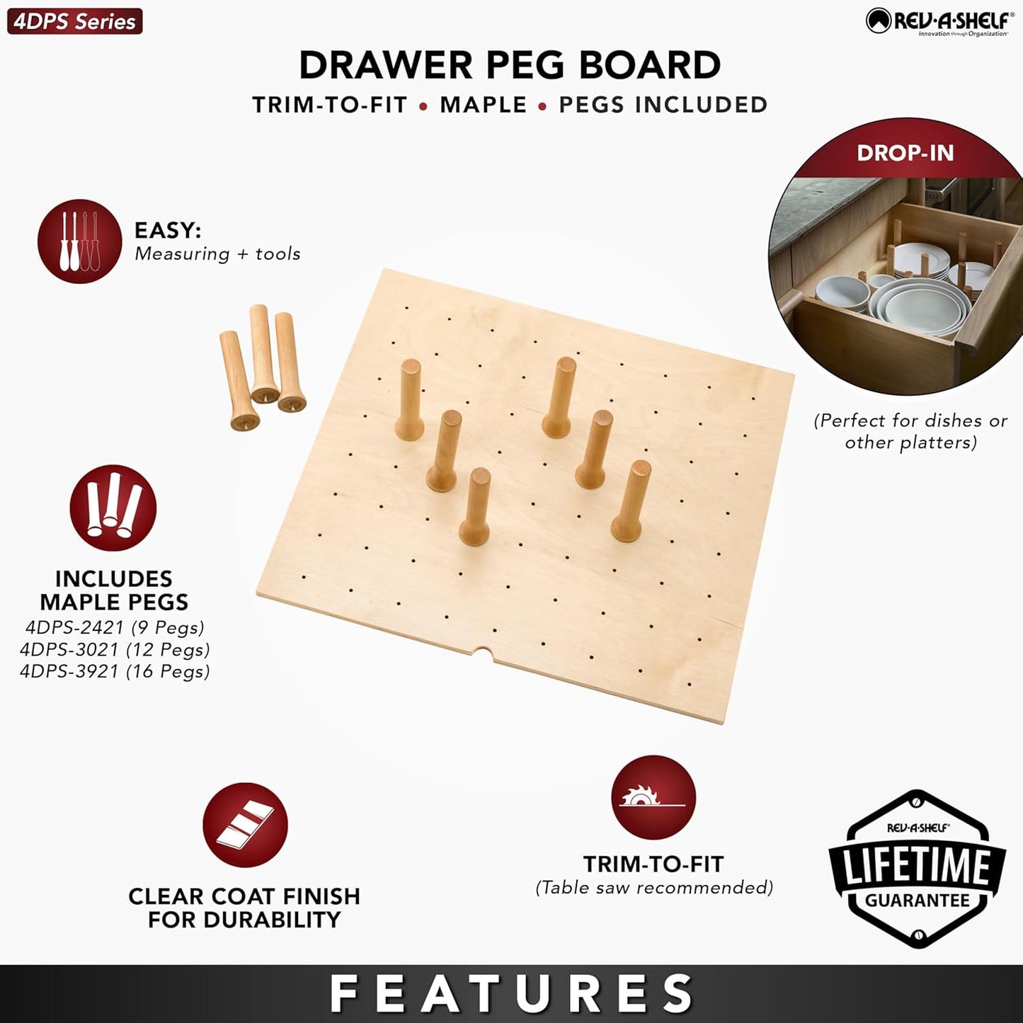 Rev-A-Shelf Pegboard Drawer Divider Organizer, Trim to Fit Wooden Kitchen Cabinet Storage Utensil, Pots & Dish Rack, 39" x 21", 4DPS-3921