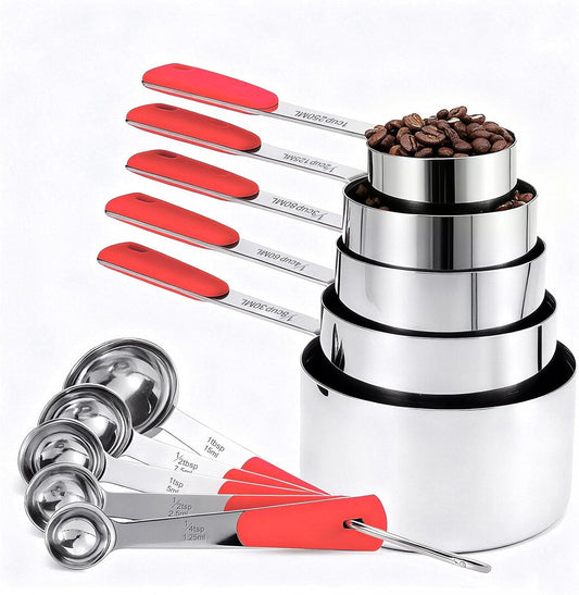 Measuring Cups and Spoons Set, Stainless Steel 10 Piece for Cooking and Baking (5 Cups + 5 Spoons, Red Handle)