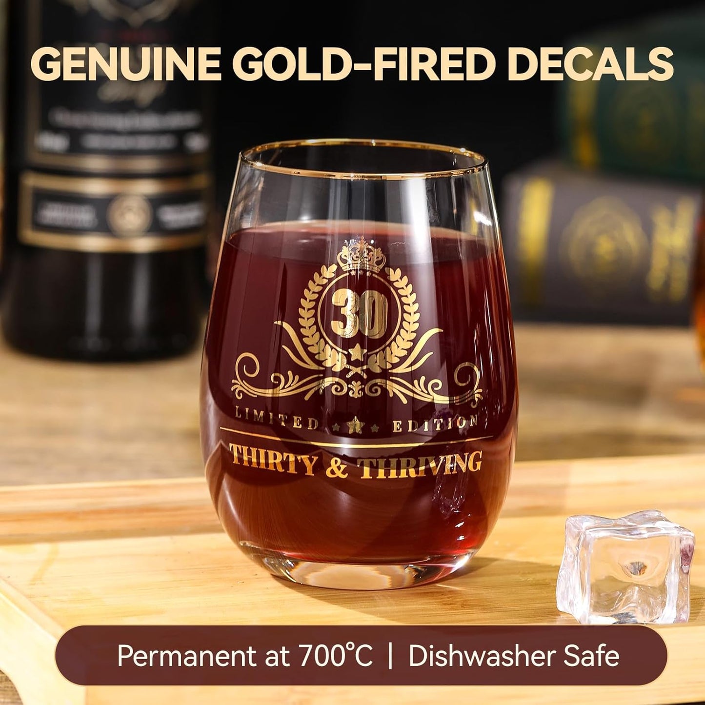 30th Birthday Gifts for Women - Gold Accent Stemless Wine Glass with Premium Gift Box and Blank Card, Unique 30th Birthday Gifts for Her, Sister, Friend (Thirty & Thriving)