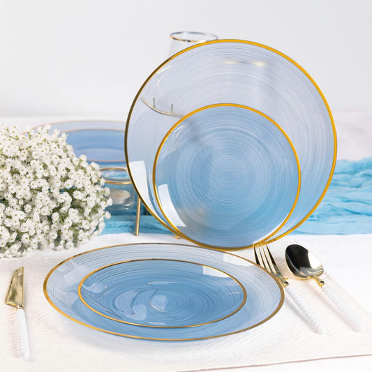 100PCS Blue Plastic Plates-Crystal Design Blue Disposable Plates with Gold Rim, Fancy Disposable Plates Include 50 Dinner Plates, 50 Dessert/Salad Plates for Party & Birthday