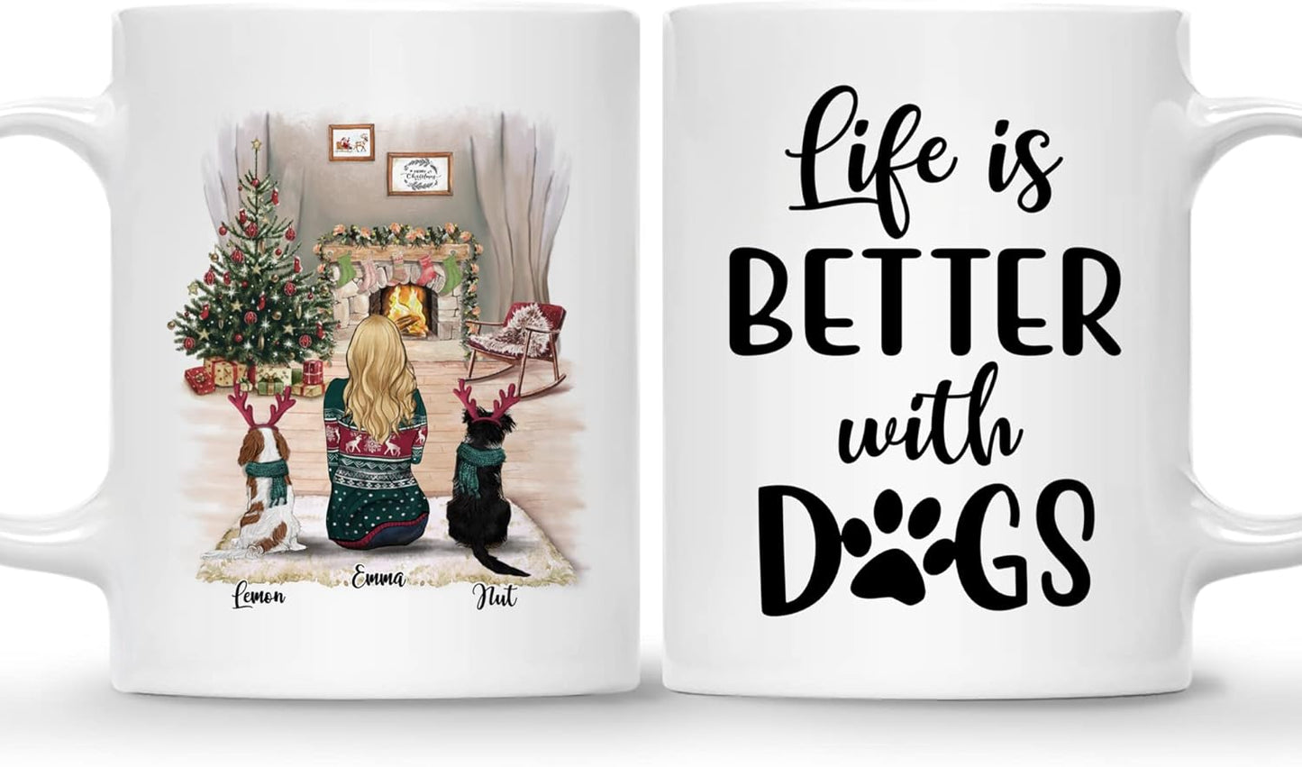 Gossby Personalized Dog Mug - Life is Better with Dogs (Girl - 2 Dogs) - 11oz, 15oz White, Two-tone Customized Christmas Coffee Mugs for Women - Personalized Gifts for Dog Mom on Christmas