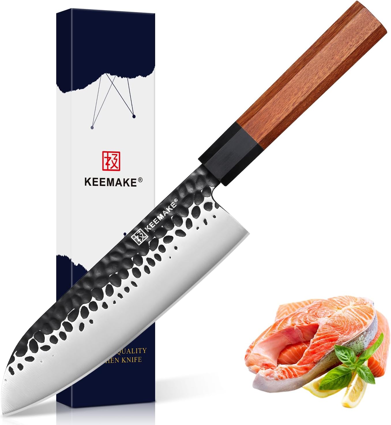KEEMAKE Santoku Knife 7 inch Chef Knife, Japanese 440C Stainless Steel Kitchen Knife, Porfessional Cooking Knife for Meat Cutting with G10 Bolster Octagonal Wood Handle