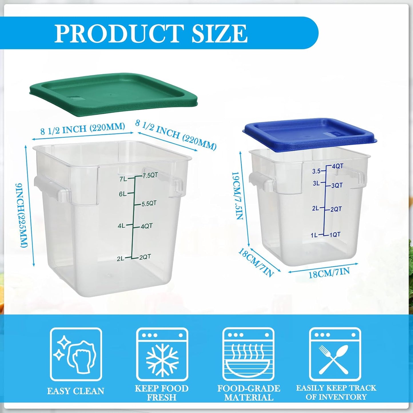 Lallisa 4 Pcs 8 Qt and 4 Qt Clear Food Storage Containers with Lids, Handles and Scales, Commercial Grade Square Containers Polycarbonate Air Tight for Home Storage Kitchen Restaurant(Blue, Green)