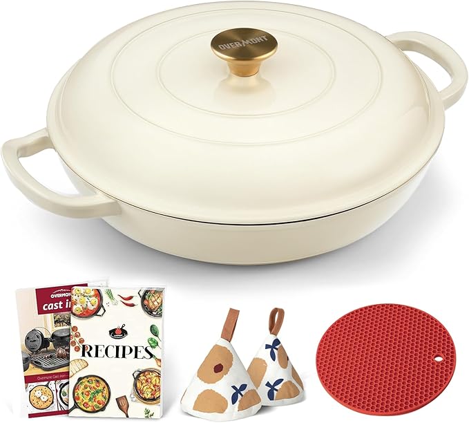 Overmont Enameled Cast Iron Dutch Oven - 3.8 Quart Dutch Oven Pot with Lid - Shallow Cookware Braising Pan - Cast iron Casserole with Cookbook & Heat-resistant Caps - Oven Safe up to 500° F