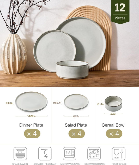 Famiware Annecy Plates and Bowls Sets, 12 Pieces Dinnerware Sets, Microwave and Dishwasher Safe Dishes Set for 4, Chip and Scratch Resistant, Grey-White
