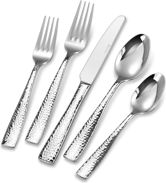 KEAWELL Premium 20/45/65 Piece Louis Hammered Silverware Set with Squared Edge, 18/10 Stainless Steel, Service for 4/8/12, Fine Flatware Set, Dishwasher Safe (45)