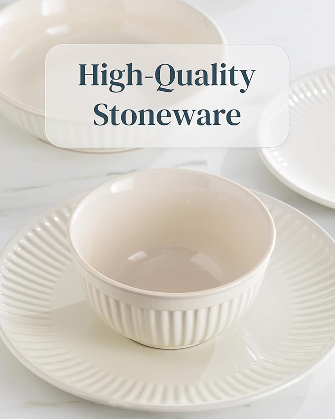 Stoneware Dinnerware Set for 4 People HYGGE 16-Piece - Elegant Scandi Design - Premium Dish Set - Bowl and Plate Set - Tableware for 4 People in a Ribbed Design - Pure Living in Beige