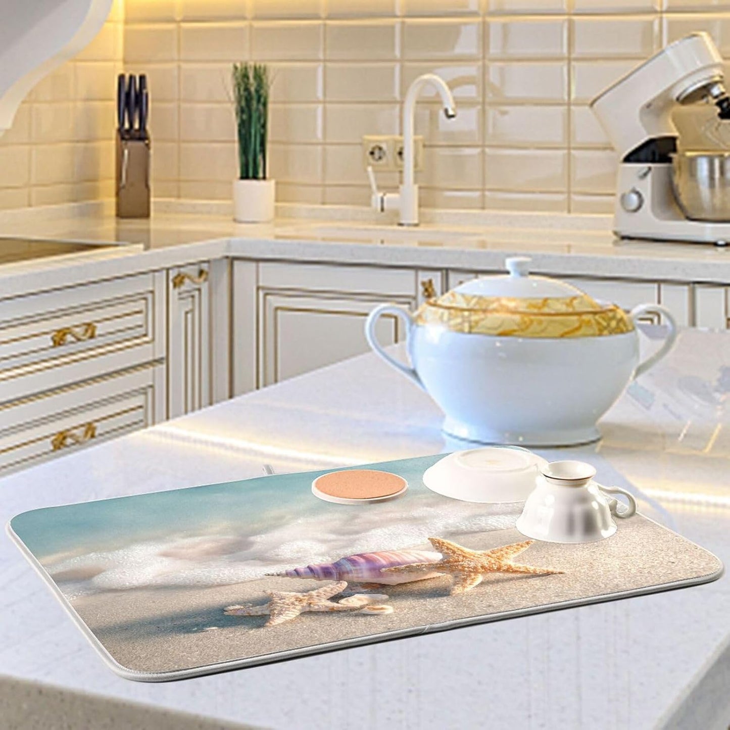 Beach Sand Seashells Starfish Dish Drying Mat for Kitchen Counter Super Absorbent Dishes Pad Reversible Microfiber Protector Dish Draining Mats 16x18 inch