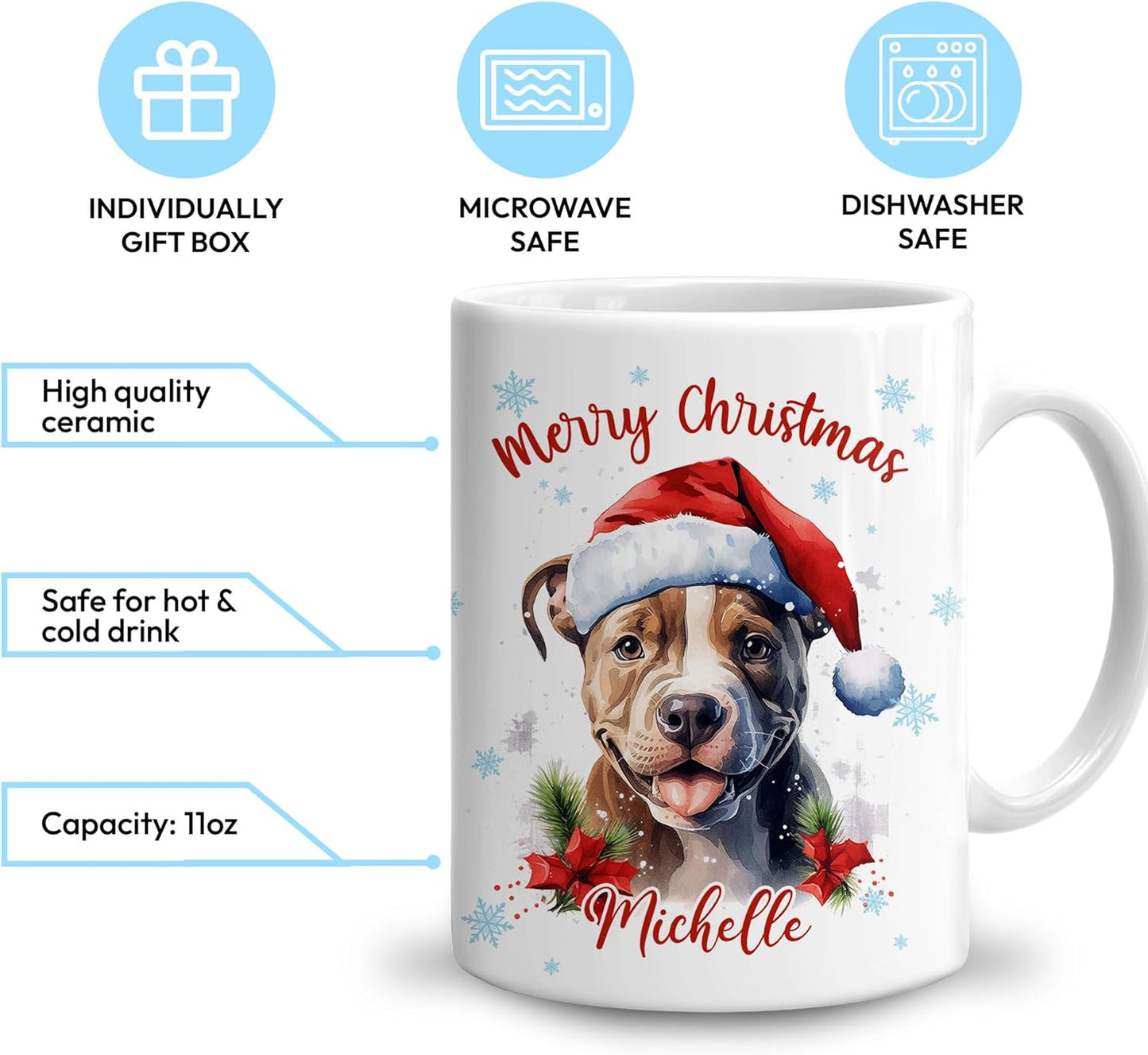 Hyturtle Personalized Gifts Dog Lover - Pitbull Merry Christmas Custom Name Ceramic Coffee Mug Cup 11oz - Cute Animal Lovers Gifts For Women, Girl kids Family On Birthday, Christmas
