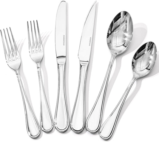 KINGSTONE 24 Piece Teardrop Silverware Set with Steak Knives, 18/10 Stainless Steel Flatware Set for 4, Modern Design Cutlery Set for Home/Hotel/Wedding,Mirror Polished and Dishwasher Safe