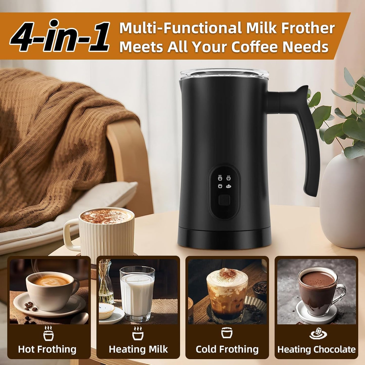 Milk Frother, 4-in-1 Electric Milk Steamer, 350ml/11.8oz Automatic Frother Machine for Coffee, Warm and Cold Foam, Temperature Control for Latte, Cappuccino, Hot Chocolate