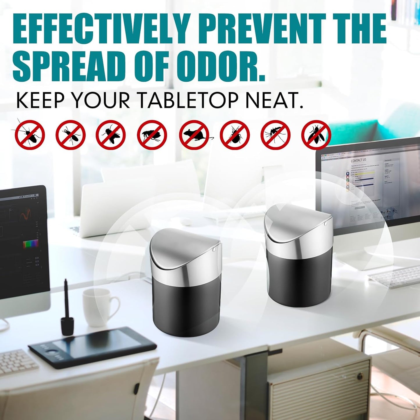 2 Pcs Desk Trash Can with Swing Lids, 12 Rolls of Trash Bags, 2L Brushed Stainless Steel Countertop Garbage Bin Small Wastebasket with Lid for Office Desk, Coffee Table(Matte Black)