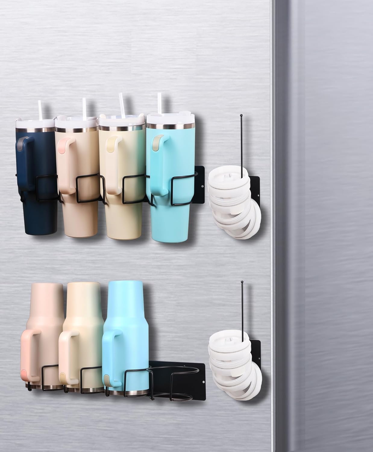 Magnetic Tumbler Holder for Stanley, Magnetic Cup Organizer for Refrigerator, Compatible with Stanley 30oz & 40oz Tumblers, Water Bottle Magnetic Rack (Black, 8 Tumblers& 2 Lid Holder)