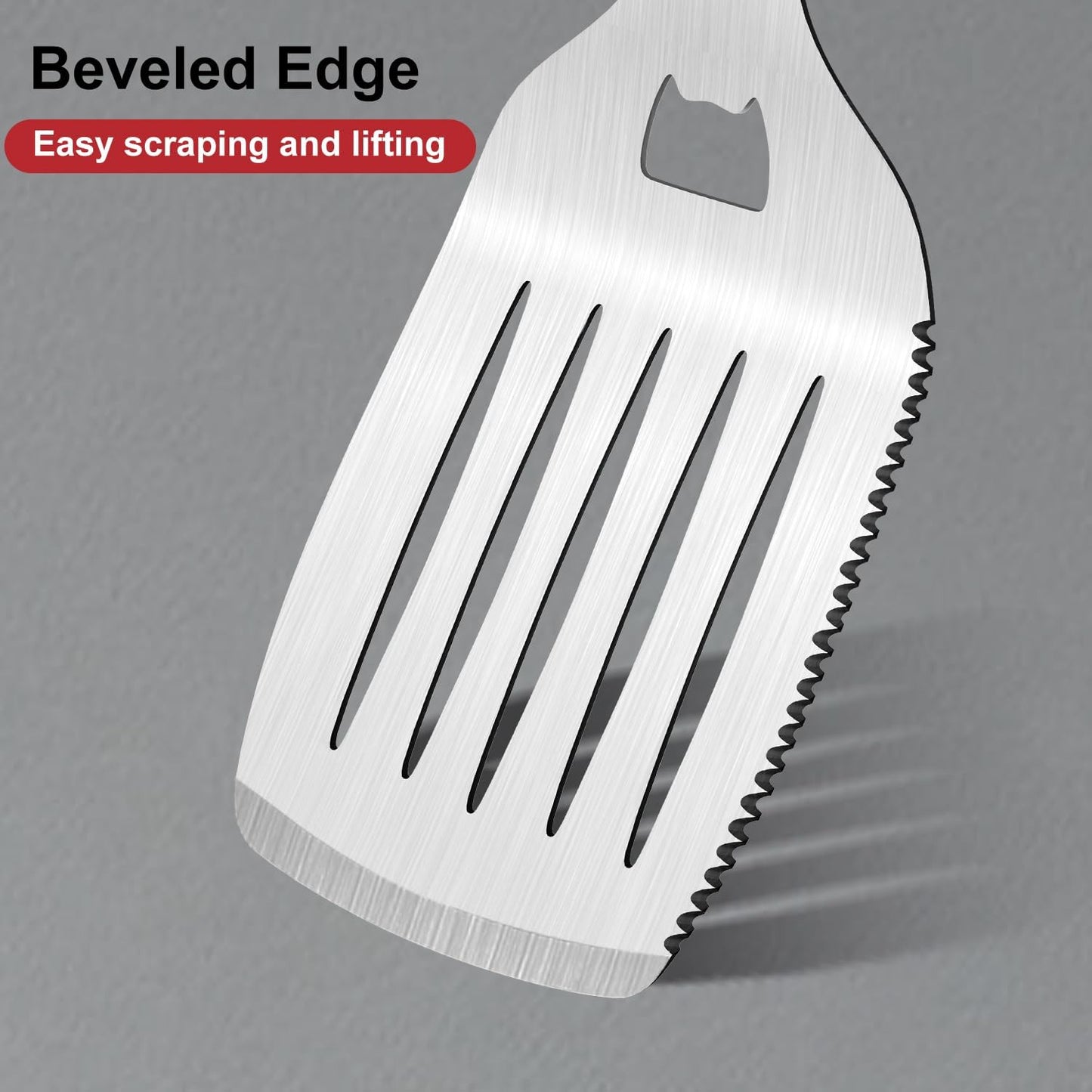 15.8'' Stainless Steel Grill Spatula for Outdoor Grill, 3-in-1 Metal BBQ Spatula Turner with Full Tang Silicone Handle and Serrated Edge, Heavy Duty Barbecue Tools Spatula for Grilling Cooking