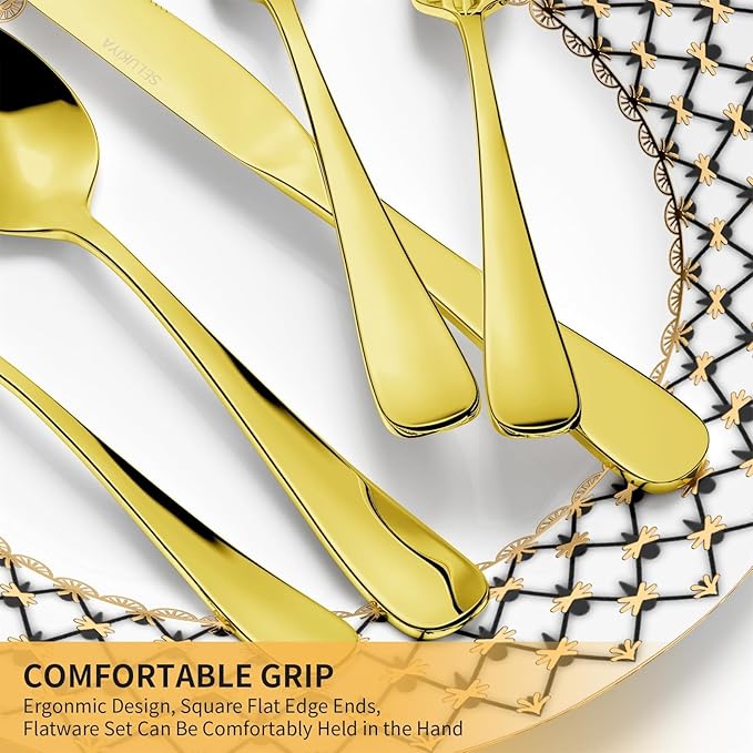 Silverware Set for 6, 30 Pieces Heavy Duty Stainless Steel Flatware Set, Mirror Polished Cutlery Utensil Set, Dinner Fork Knife Spoon Eating Tableware Set for Home, Dishwasher Safe, Gold